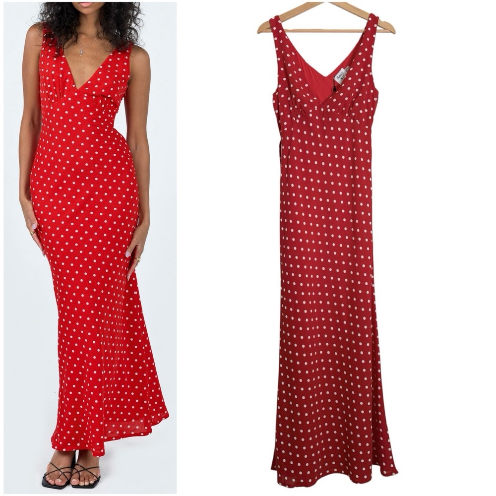 Princess Polly Nellie Polka Dot Maxi Dress Red Vneck Empire Waist Zip US 4 Retro
